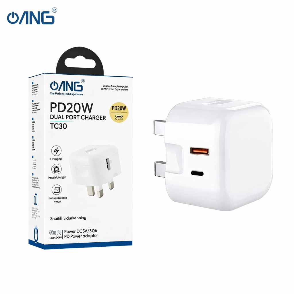 ANG TC30 – 1 USB Port QC3.0 + 1 USB C Port 20W Adaptor – Premium Packing