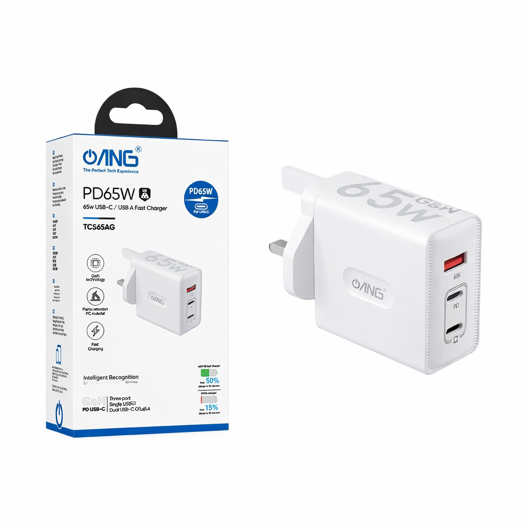 ANG TCS65AG-Dual PD 65W USB C + Single USB QC3.0 GaN Turbo Adaptor