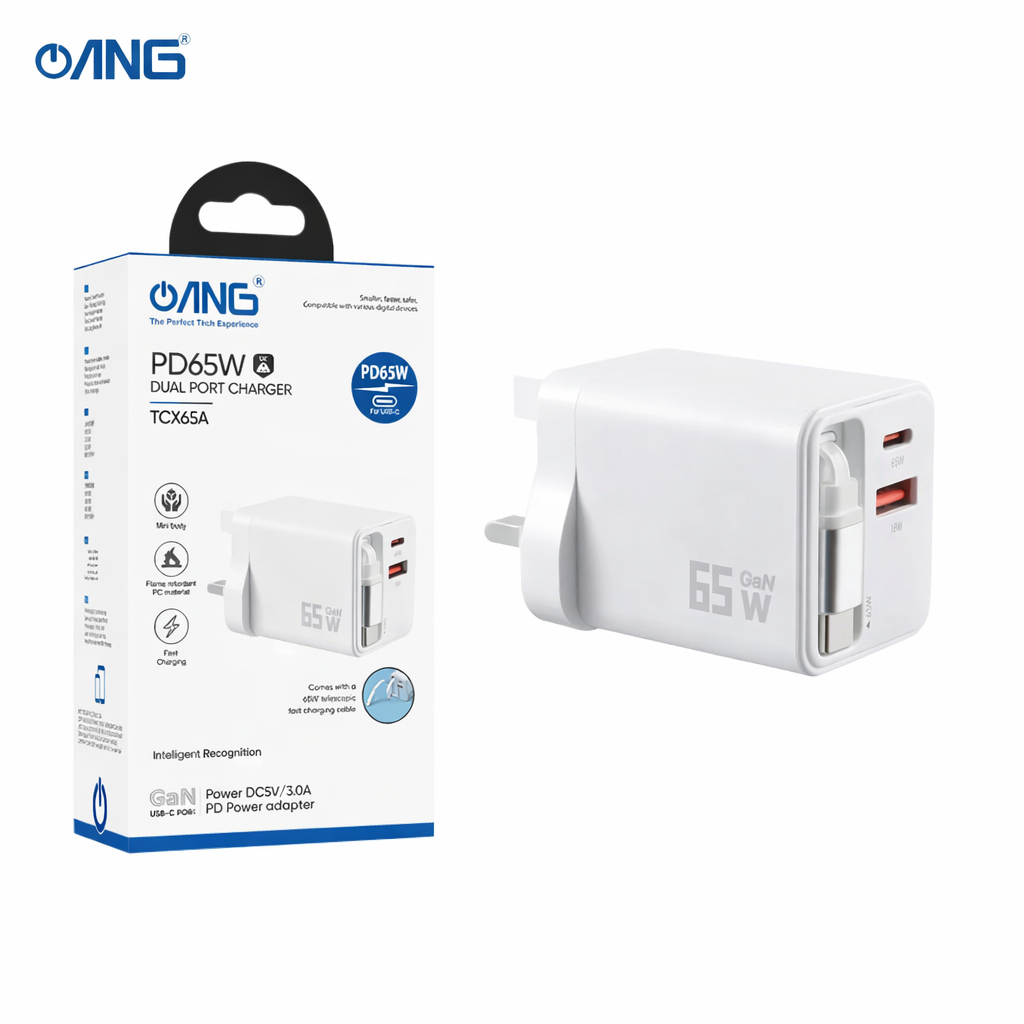 ANG TCX65A PD65W Dual Port GaN Charger With Built In Type C Cable