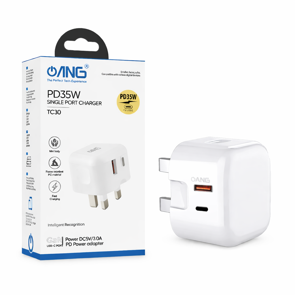 ANG TC30 – 1 USB Port QC3.0 + 1 USB C Port 35W Adaptor – Premium Packing
